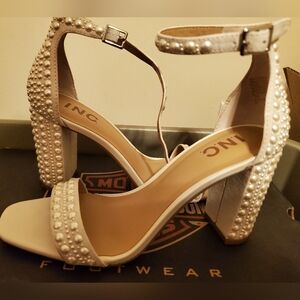 INC white pearl-studded ankle strap open-toe heels size 7